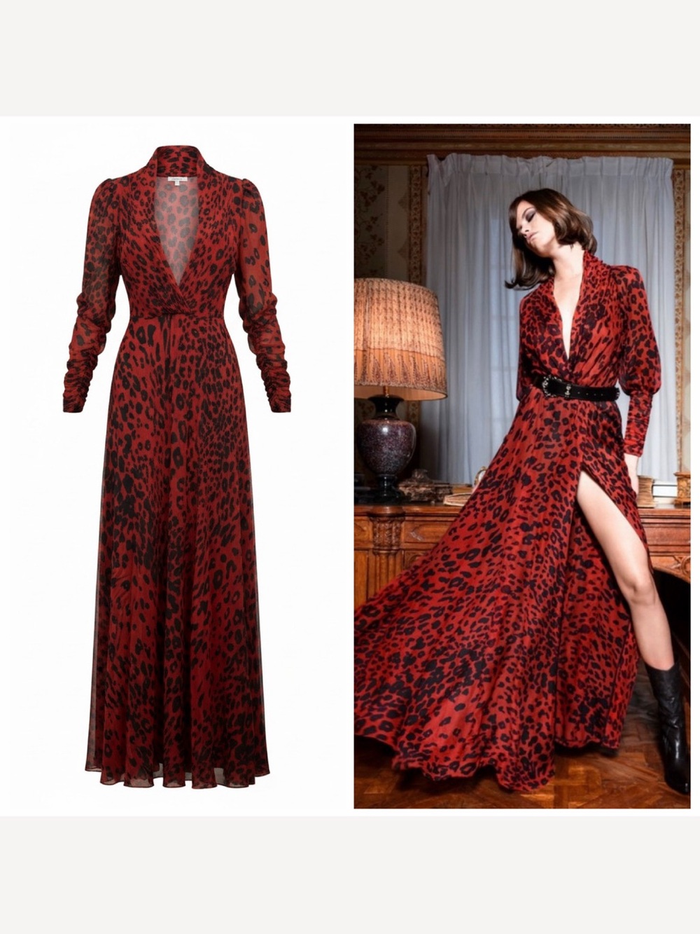 Redemption Red Maxi Dress Silk Leopard Slit Long Sleeve 4 Cocktail NWT 🟡